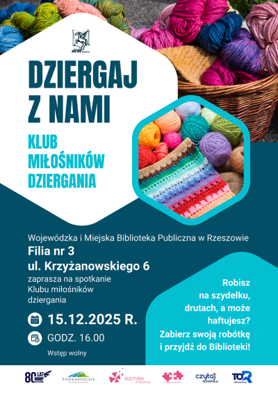 Grafika promująca spotkanie Dziergaj z nami XII 2025